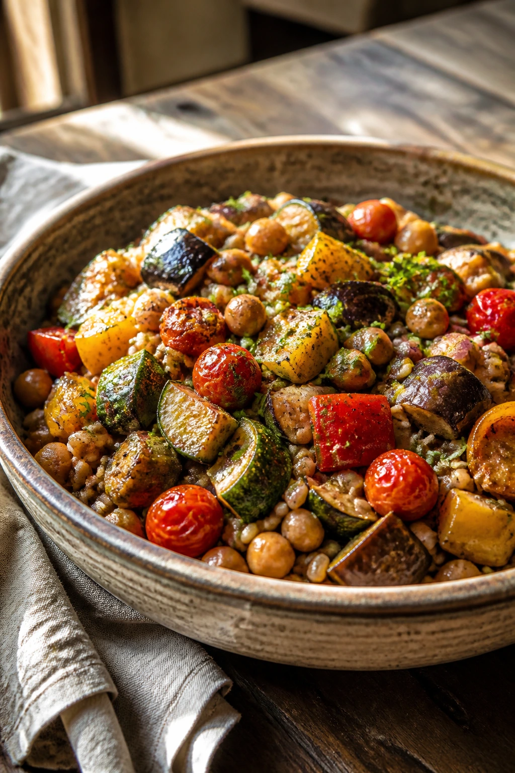 Close-up of a rustic Mediterranean farro bowl with roasted vegetables on a wooden table, lemon dressing, warm light