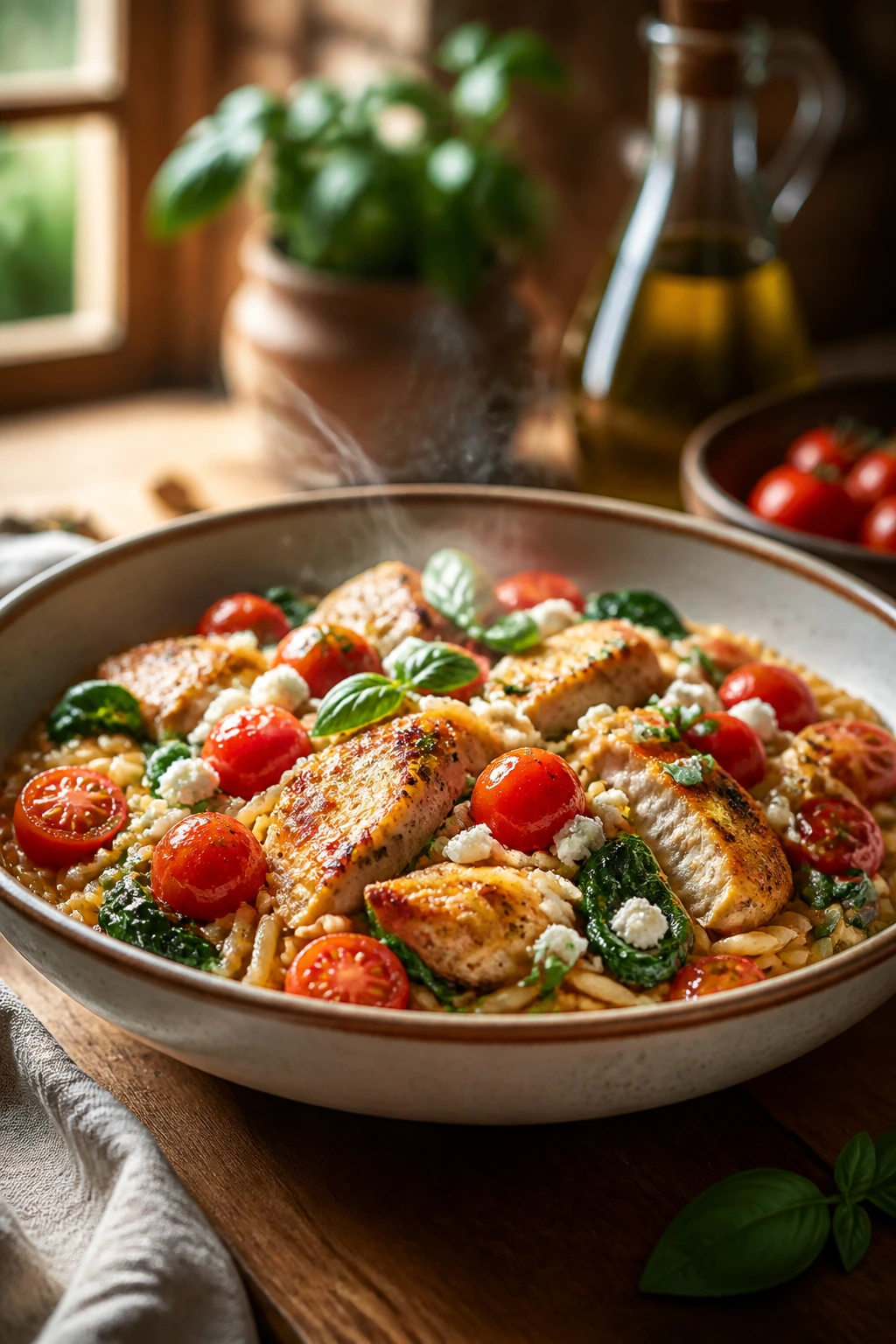 Close-up of a steaming Mediterranean bowl on a rustic table in warm Italian kitchen setting