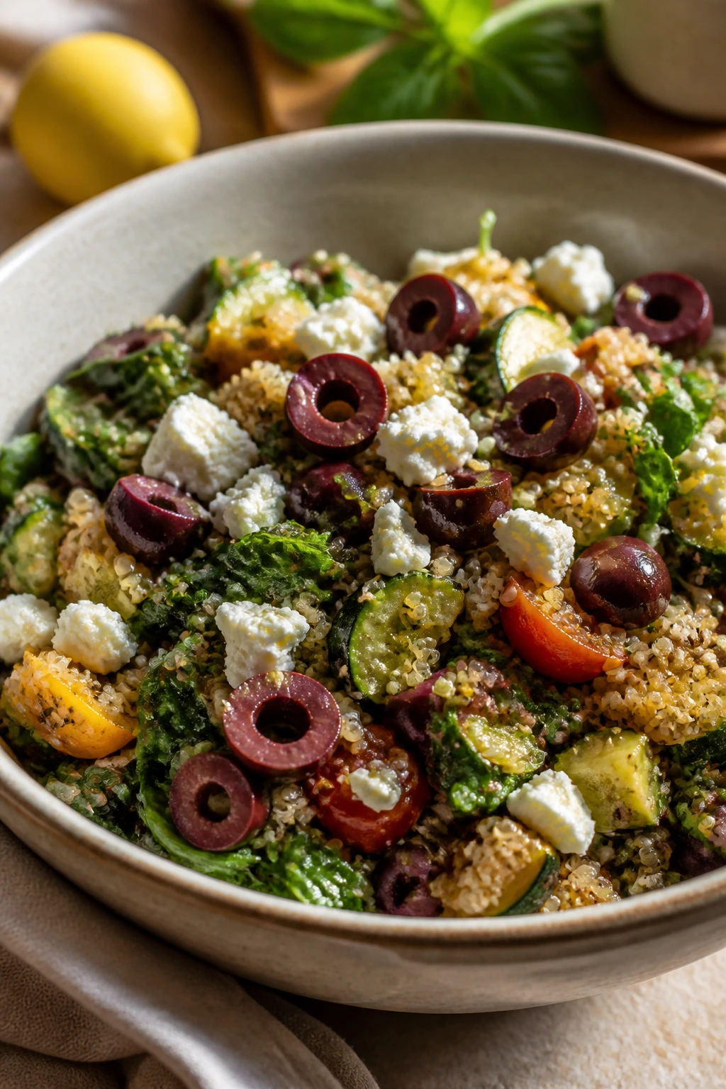Close-up of a Mediterranean Market Bowl with olives and feta on quinoa