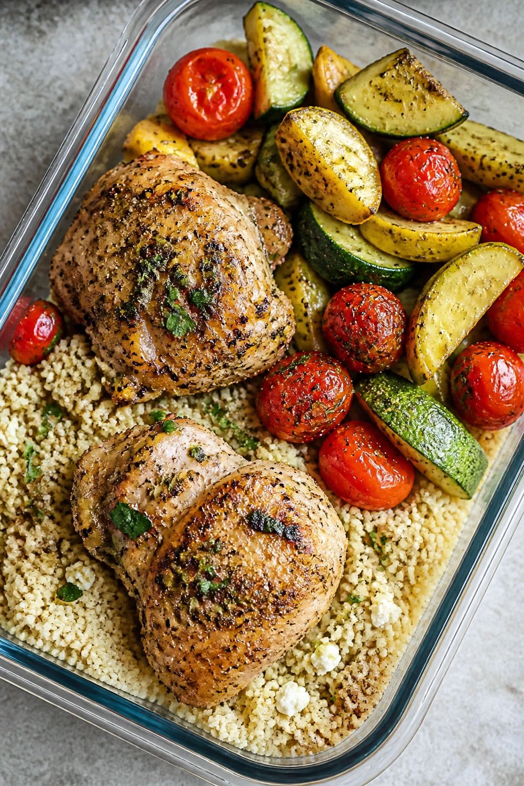 Close-up of Mediterranean chicken couscous box with vegetables in a meal-prep container