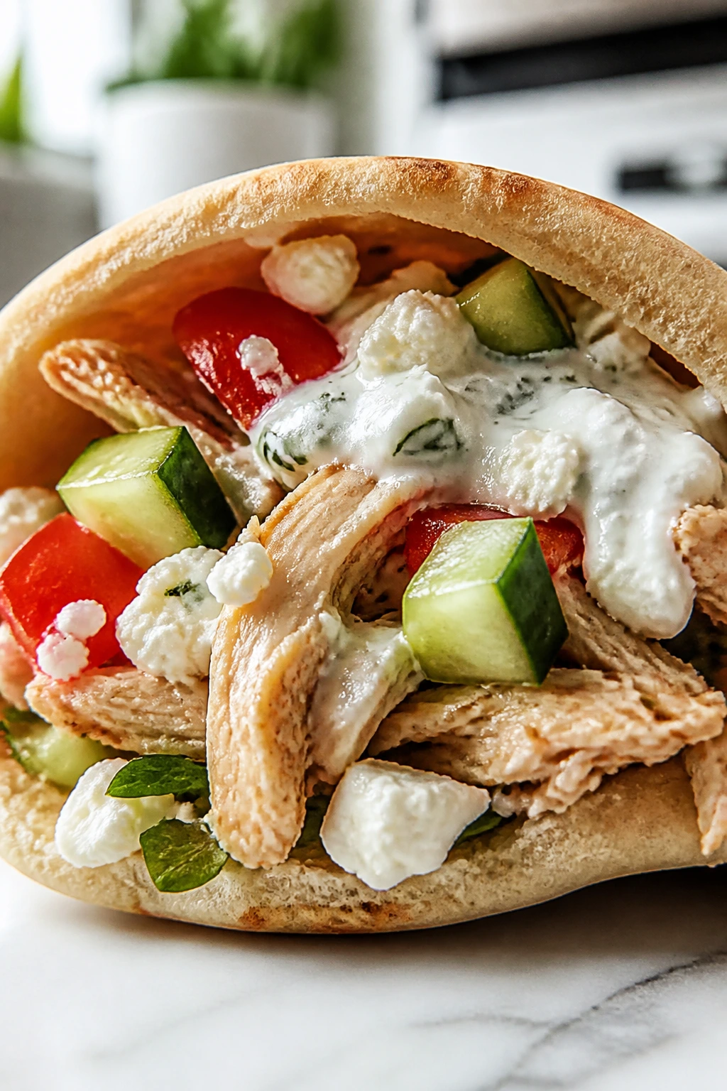 Close-up of a Mediterranean chicken pita stuffed with vegetables on a bright counter.