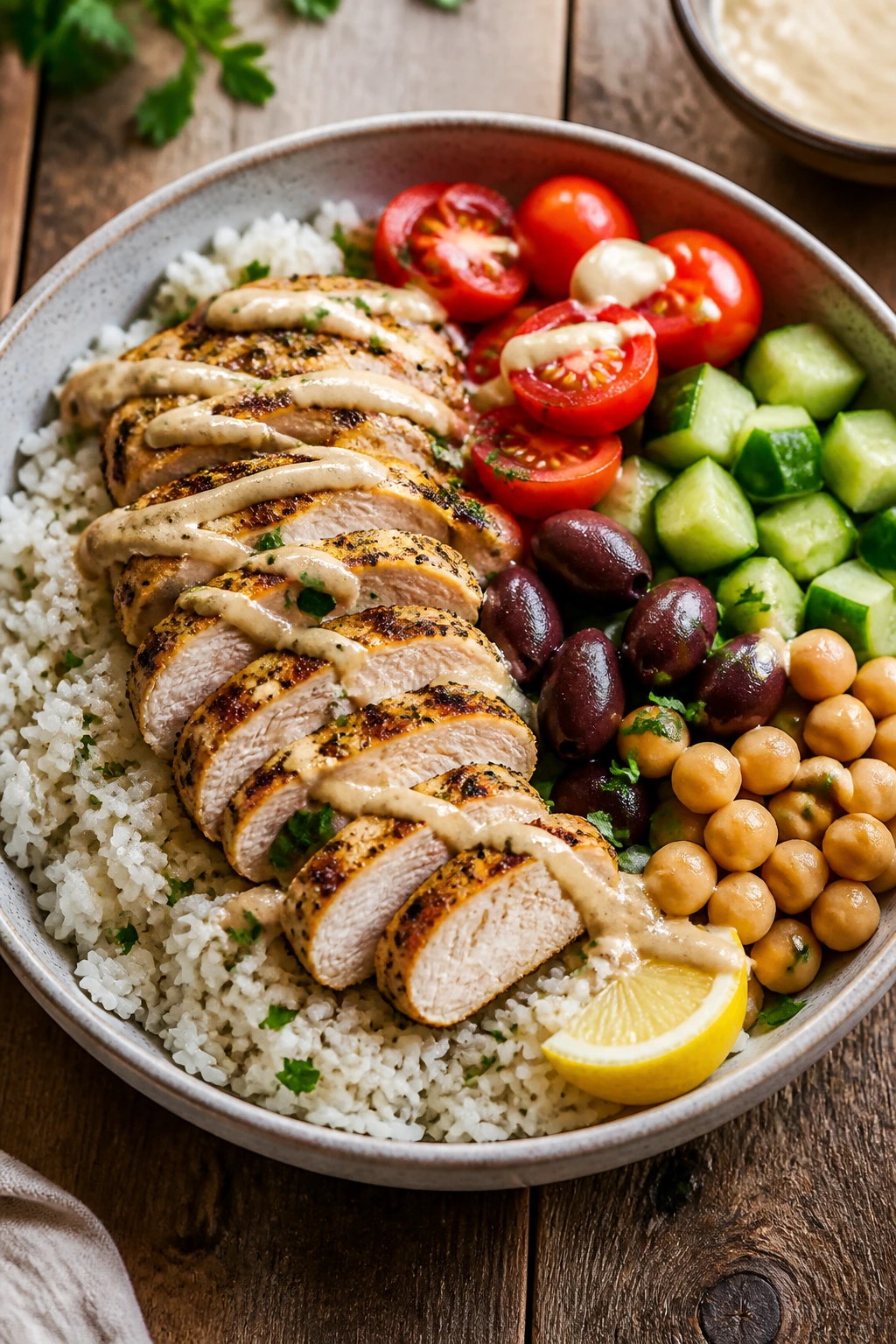 Mediterranean chicken rice bowl with veggies and chickpeas