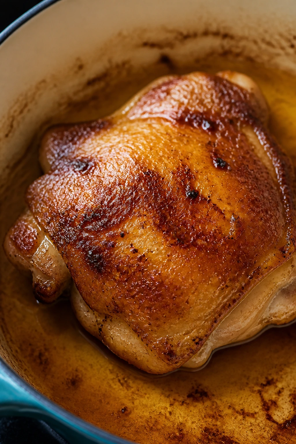 Close-up of a browned Mediterranean chicken thigh in a Dutch oven