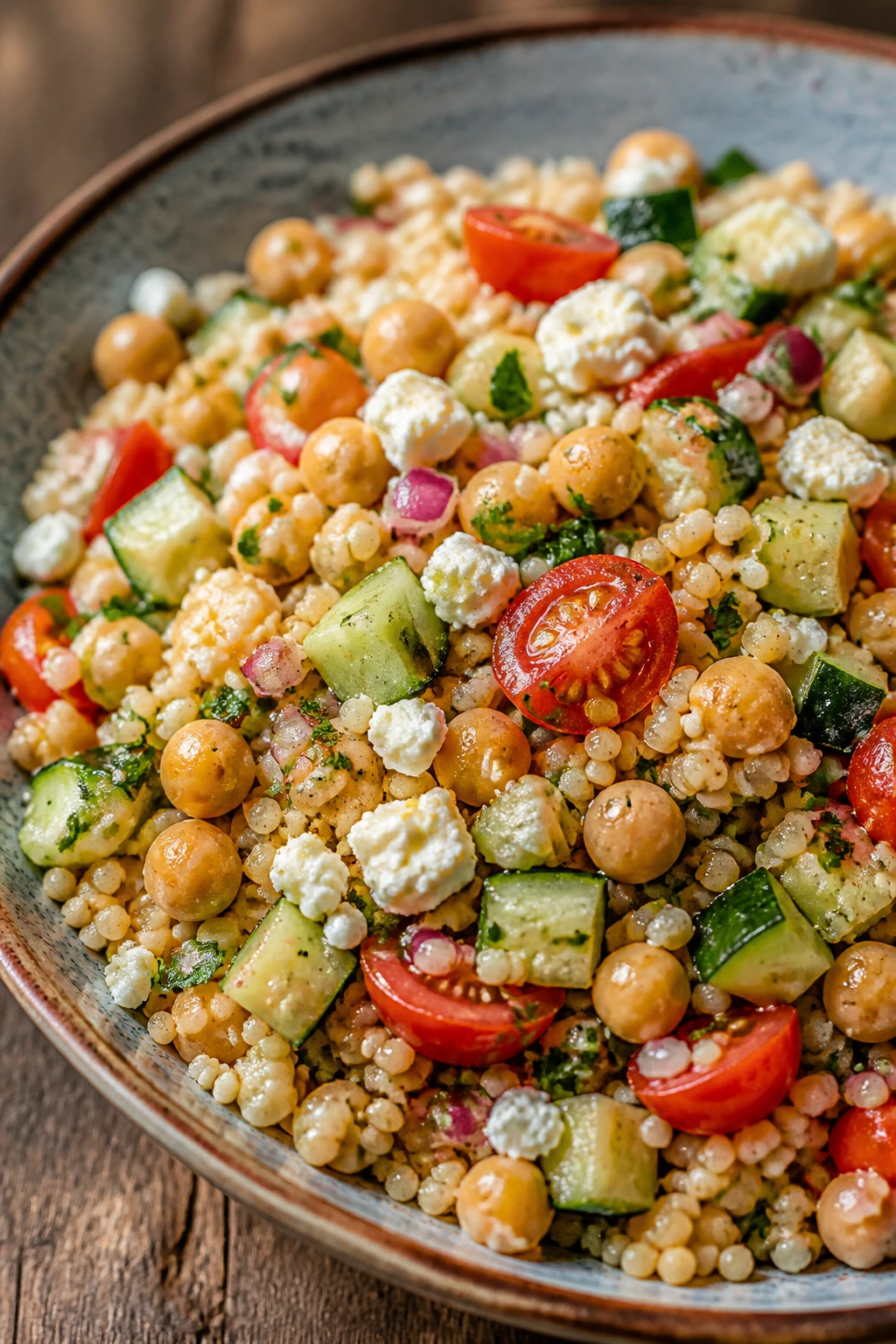 Close-up of a Mediterranean chickpea couscous bowl with cucumber, tomatoes, red onion, and feta on a wooden table.