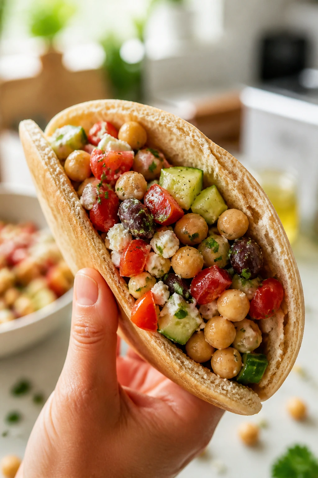 Pita filled with Mediterranean chickpea salad held in hand