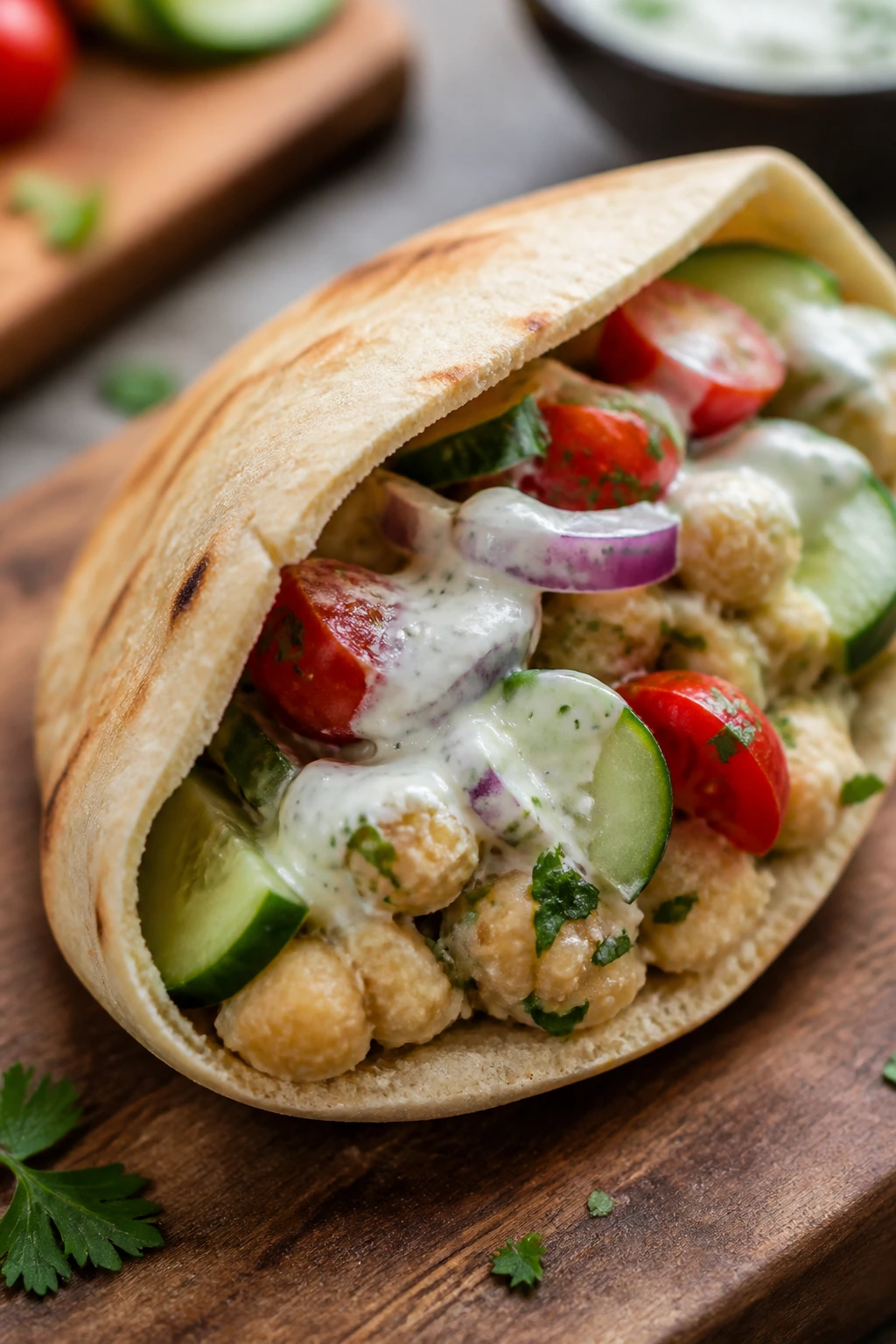 Close-up of Mediterranean chickpea pitas filled with vegetables and yogurt sauce