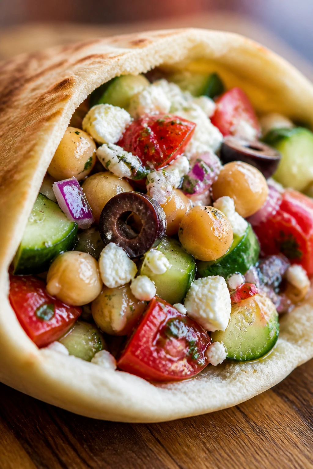 Open pita filled with Mediterranean chickpea salad on a wooden counter