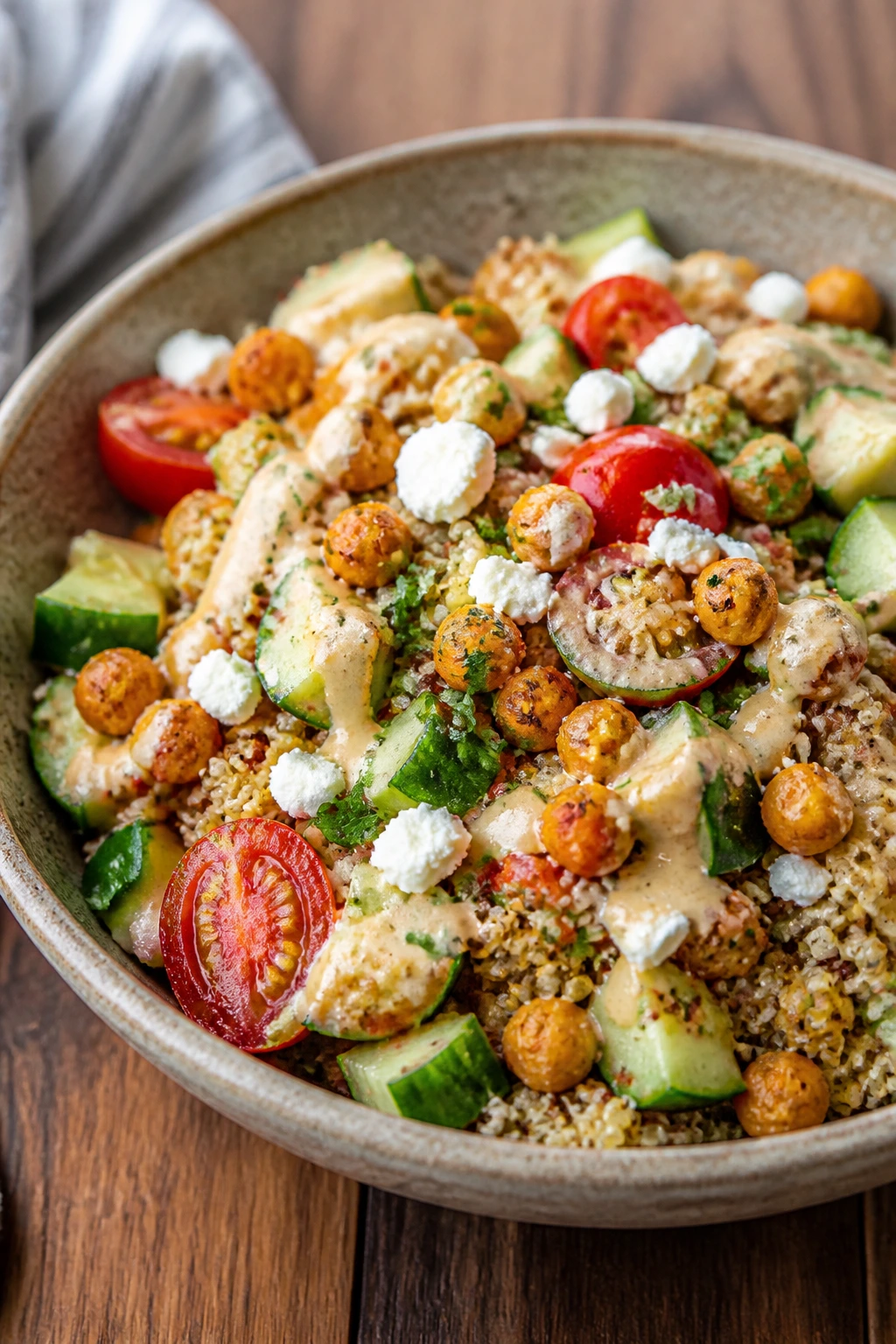 Close-up Mediterranean chickpea quinoa bowl with cucumber and feta