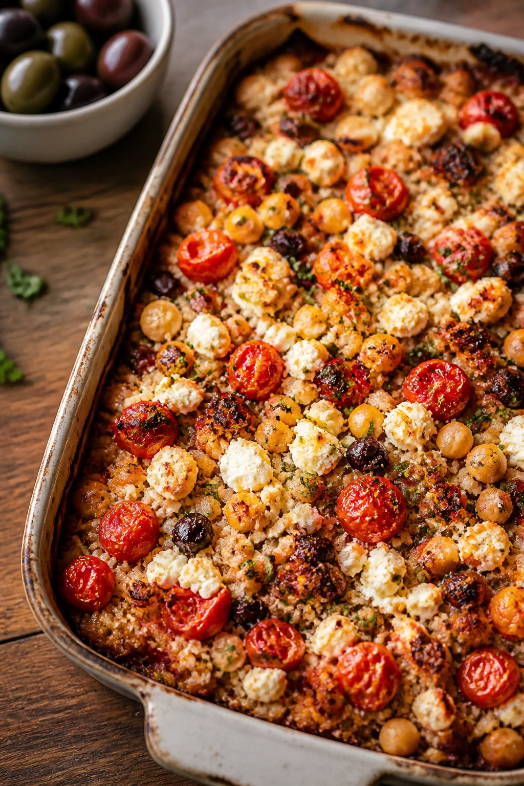 Close-up of Mediterranean chickpea quinoa bake in a baking dish