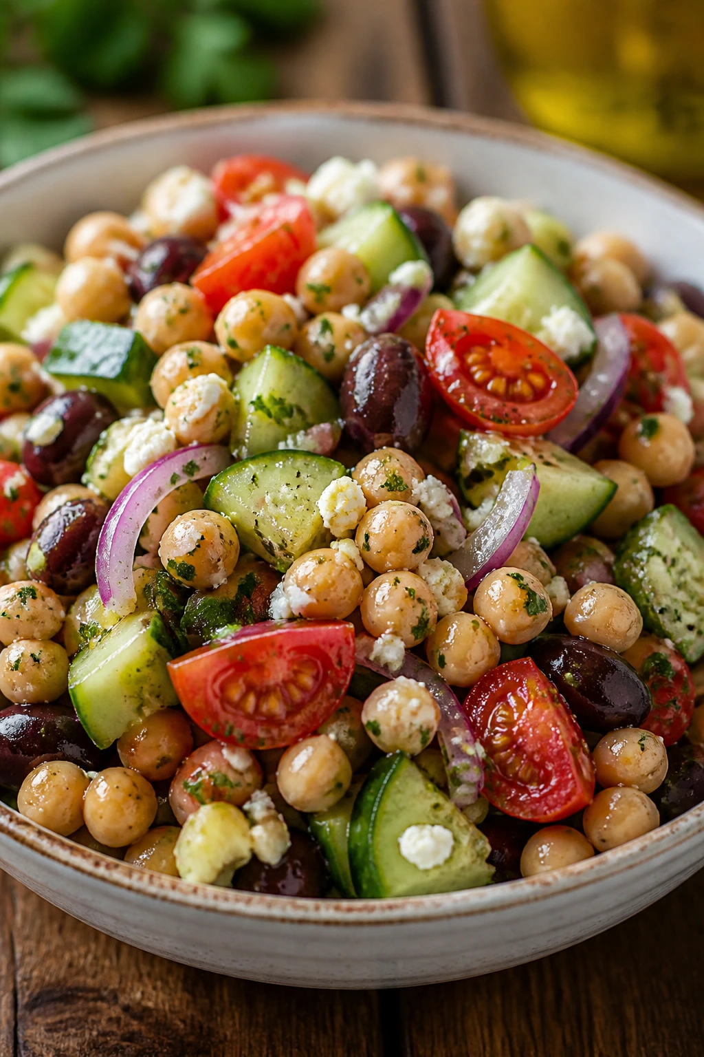 Chickpeas with cucumber, tomatoes, feta and olives in a lemony dressing