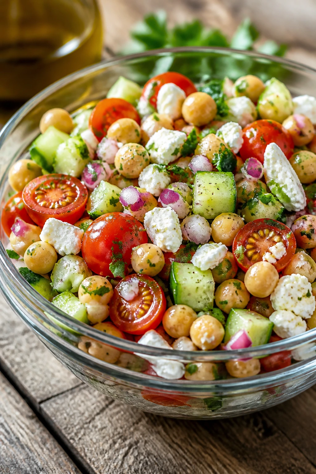 Mediterranean chickpea cucumber salad in a bowl with feta and parsley