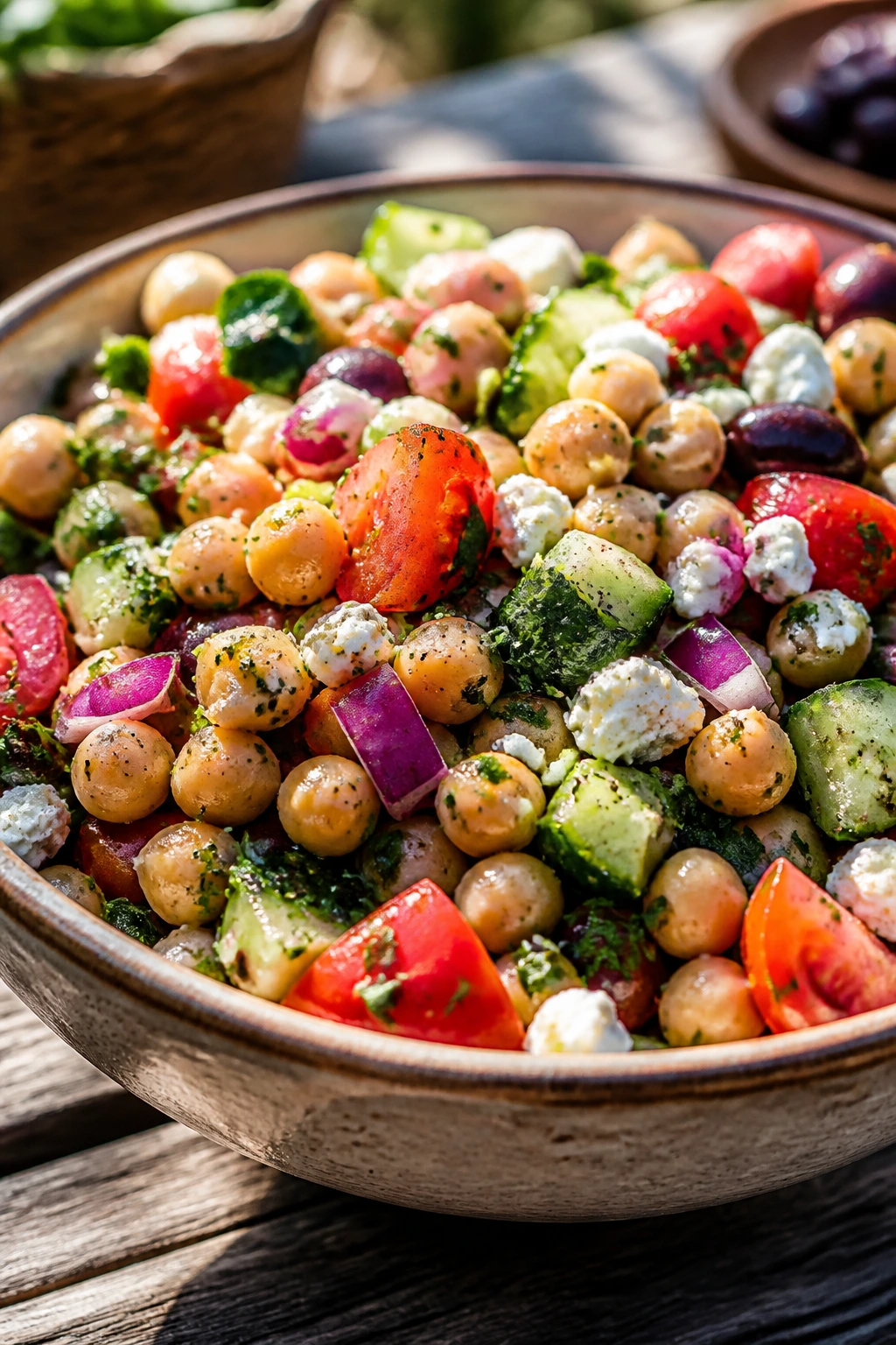 Close-up of Mediterranean Chickpea Salad in a bowl on a rustic table