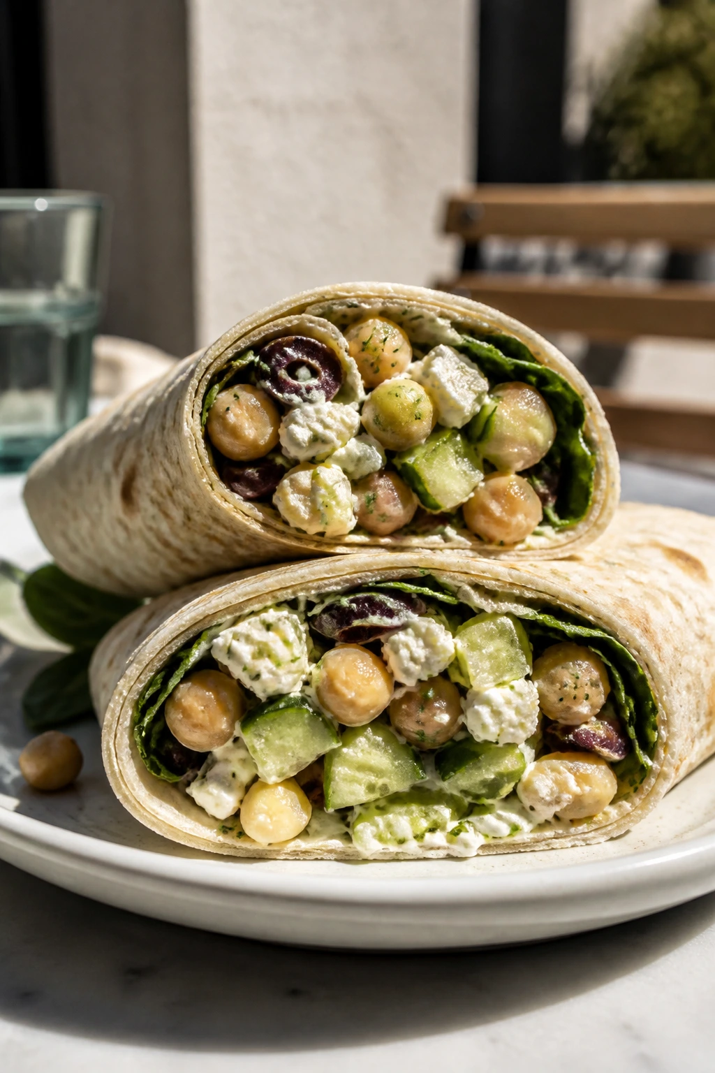 Close-up of Mediterranean chickpea salad wrap half showing chickpeas, celery, cucumber, feta and olives
