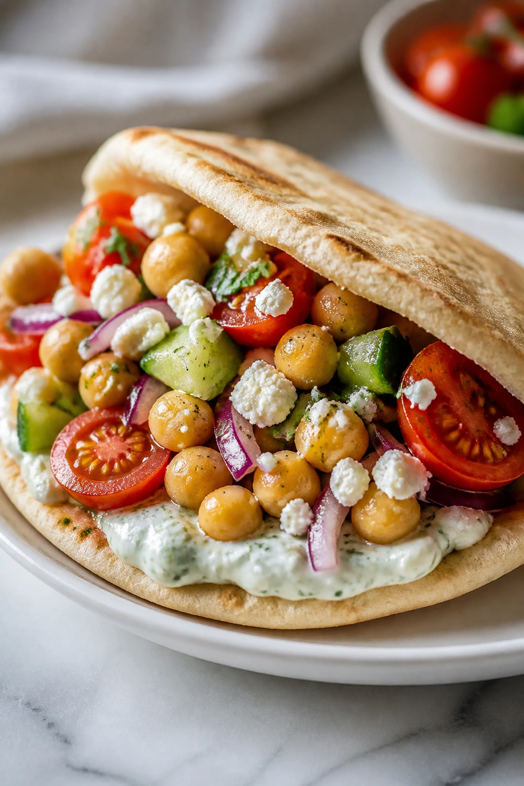 Loaded chickpea pita pocket with cucumber, tomatoes, and feta