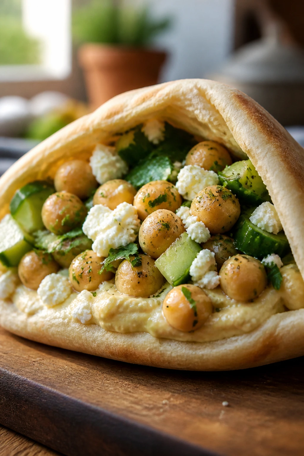 Close-up of a Mediterranean chickpea pita sandwich filled with hummus, chickpeas, cucumber, and feta