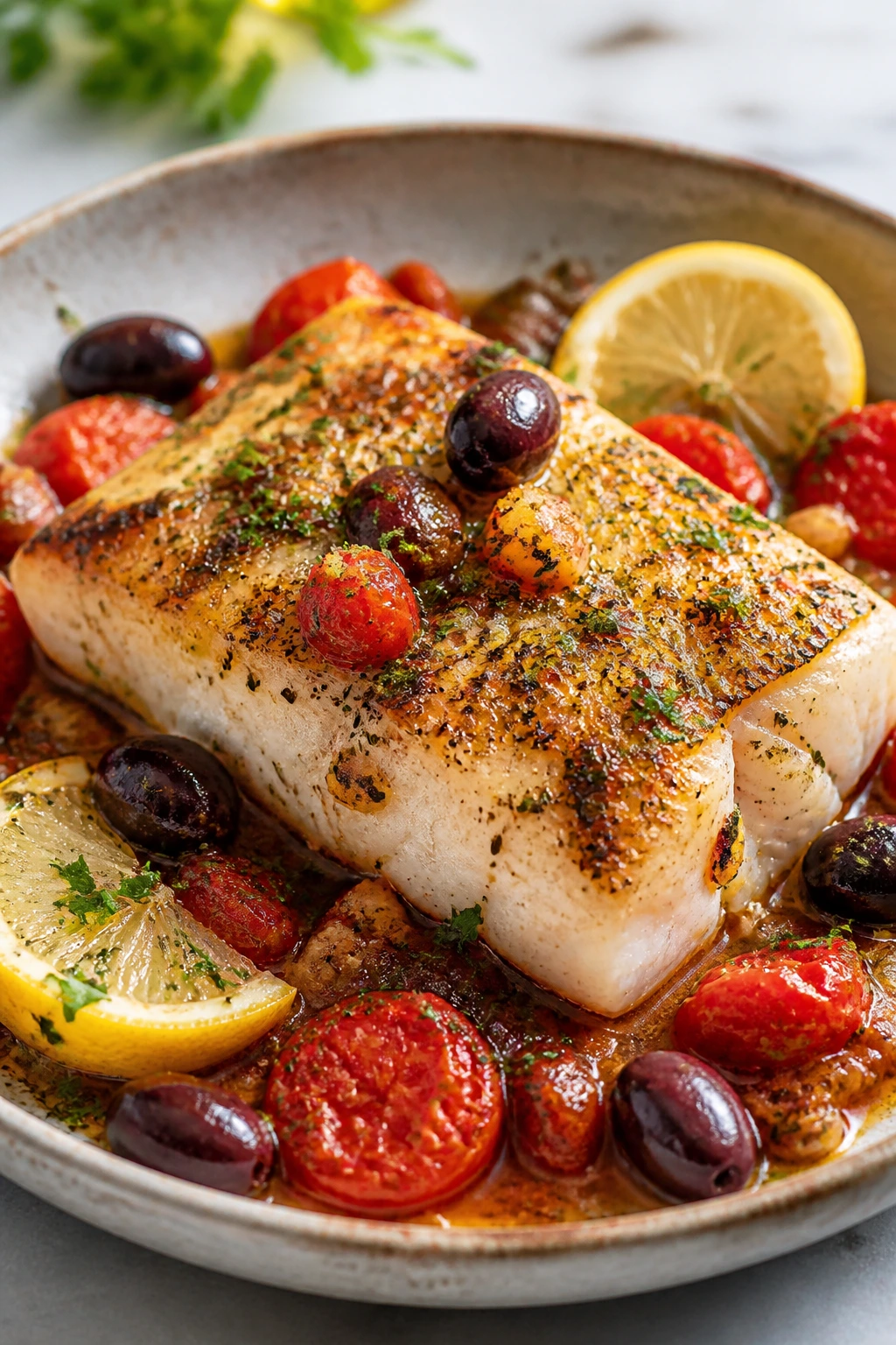 Cod fillet with tomato-olive sauce and lemon on a plate in a kitchen