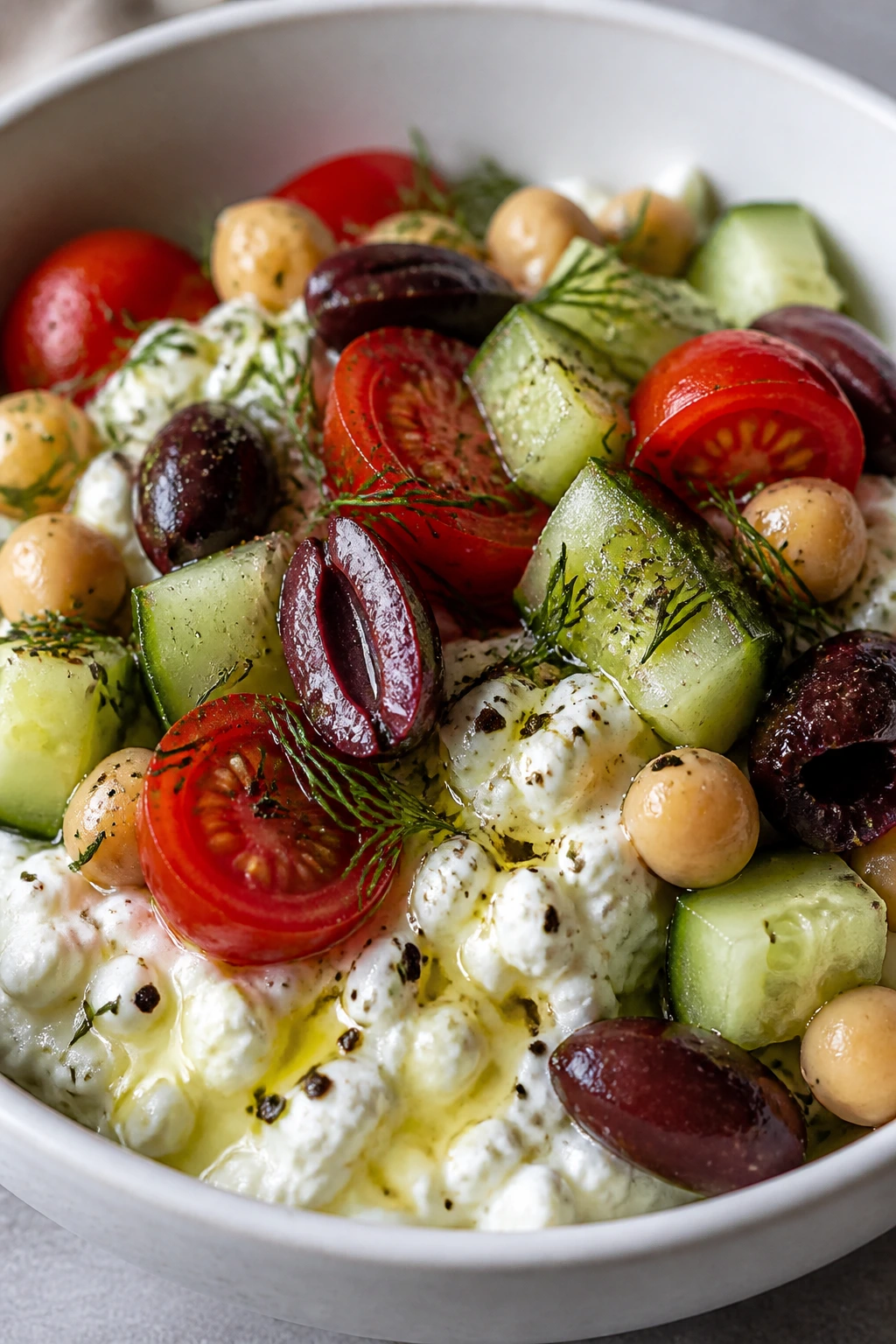 Close-up of cottage cheese bowl with cucumber, tomatoes, olives and chickpeas