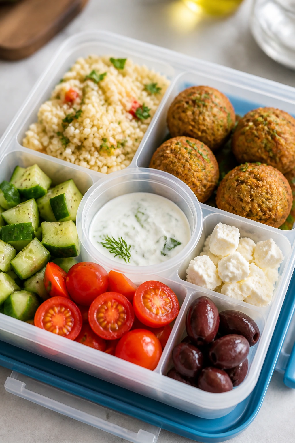 Open Mediterranean lunchbox with couscous, falafel, and vegetables