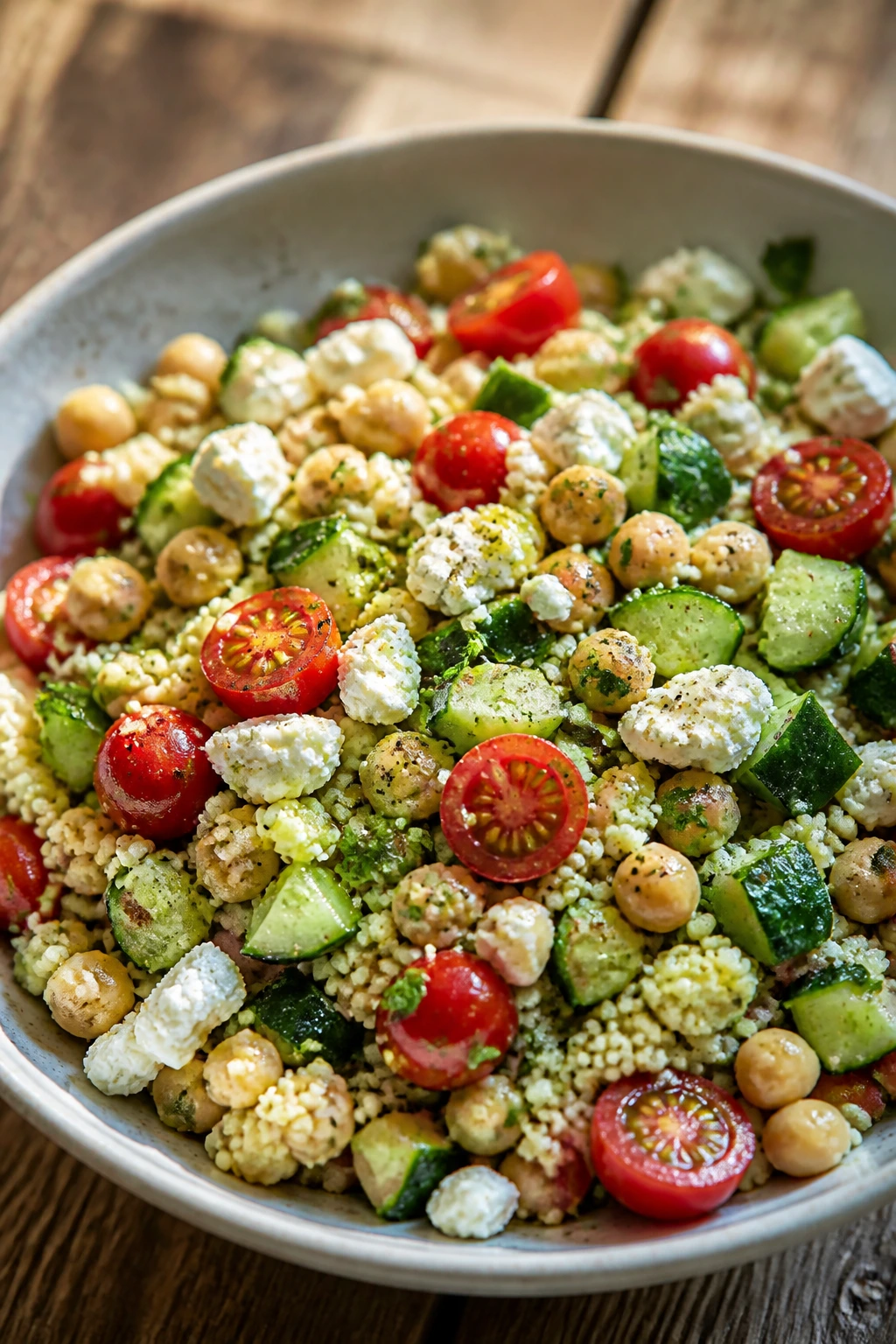 Close-up of Mediterranean couscous with feta and chickpeas