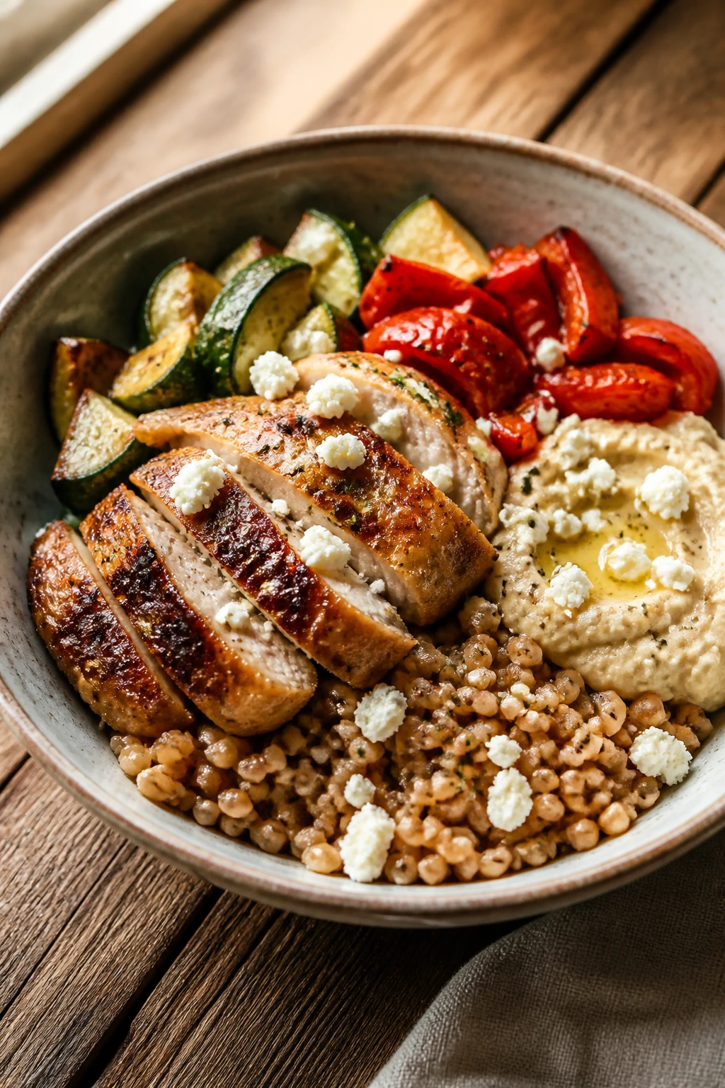 Close-up of Mediterranean chicken farro bowl with farro, chicken, veggies, hummus, feta