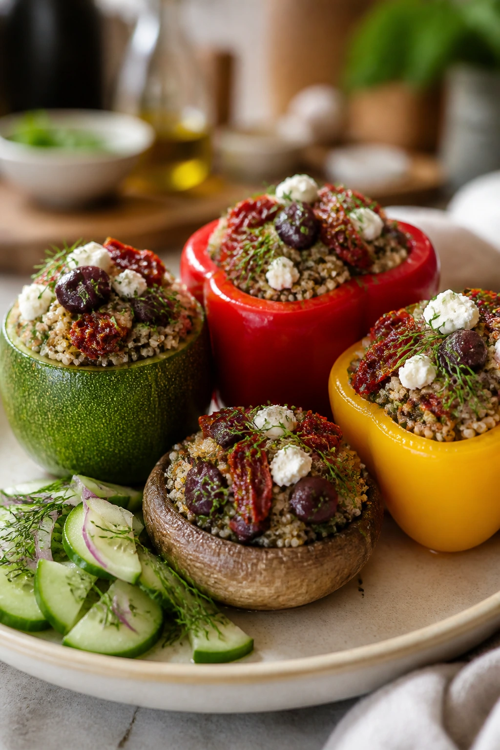 Plate of Mediterranean-flavored stuffed vegetables with olives and sun-dried tomatoes