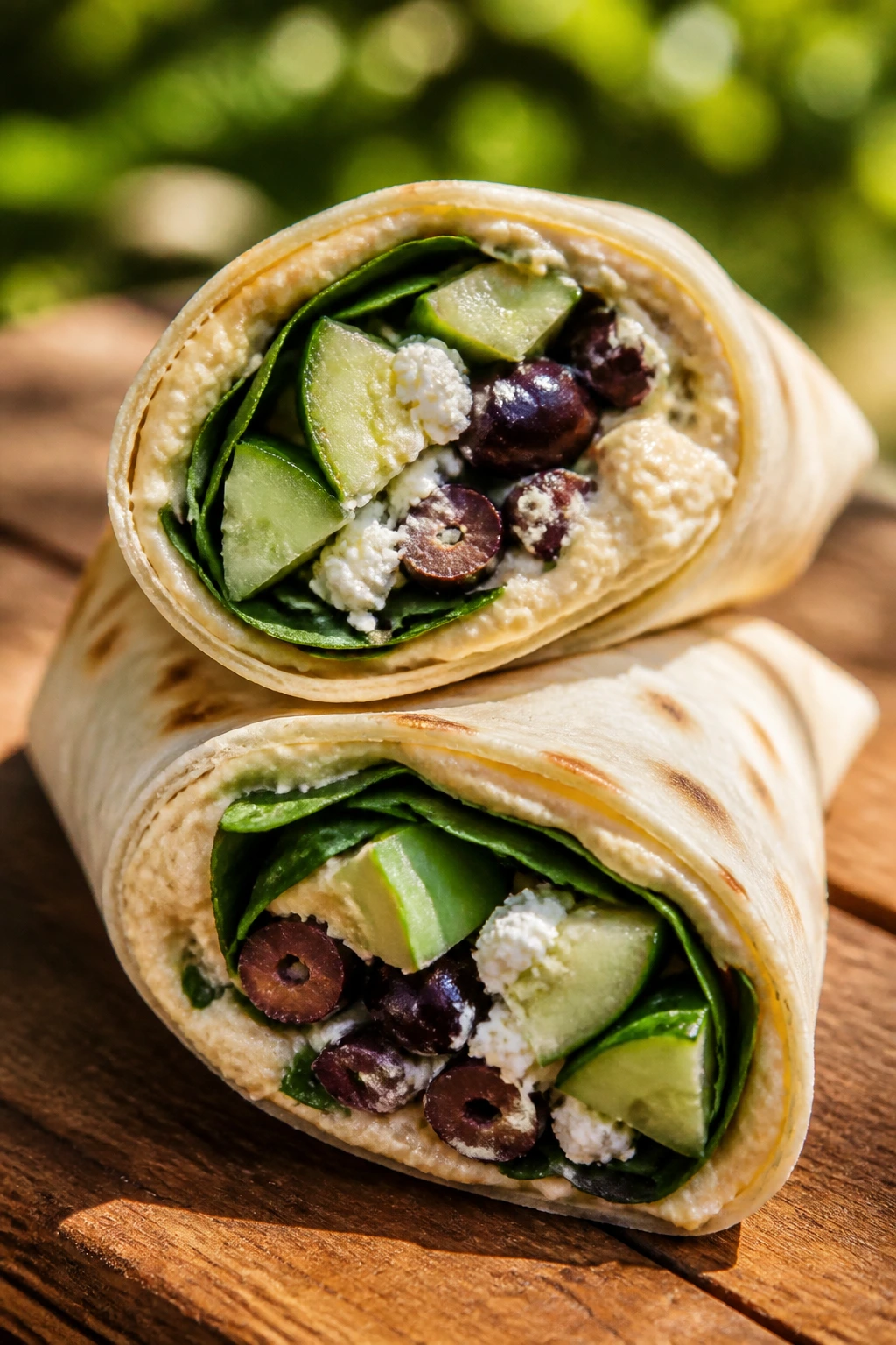 Close-up of a Mediterranean hummus wrap showing cucumber, feta, olives on a picnic table