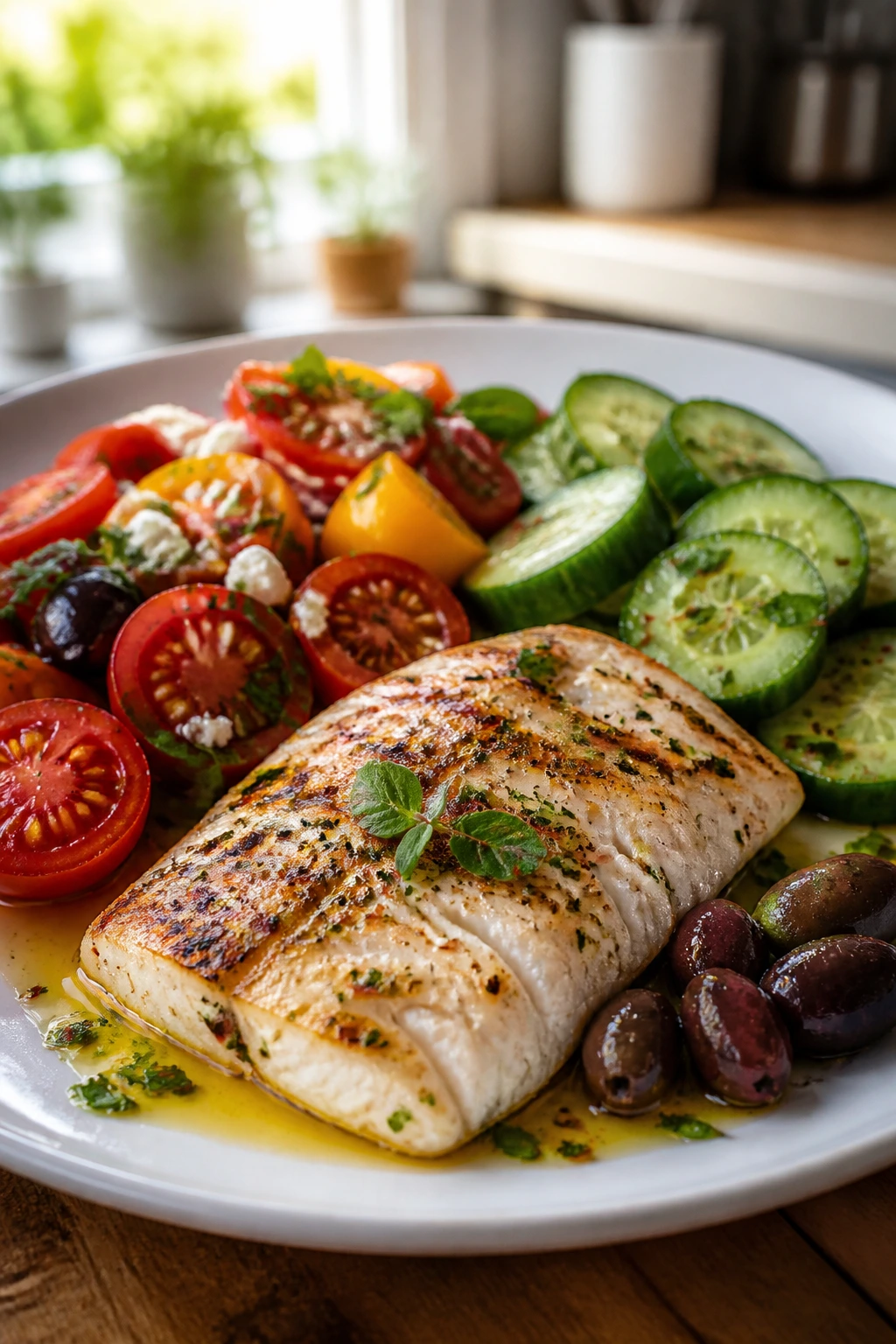 Mediterranean lean plate with fish, tomatoes, cucumbers and olives