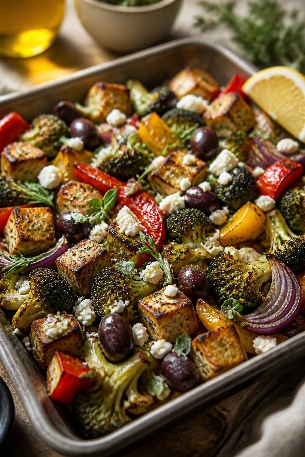 Roasted vegetables with feta and olives on a tray