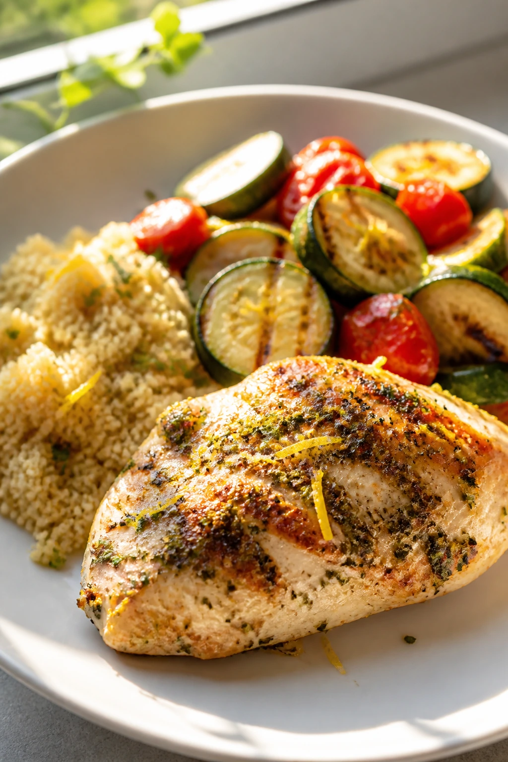 Mediterranean Lemon Plate with chicken, zucchini, tomatoes, and couscous
