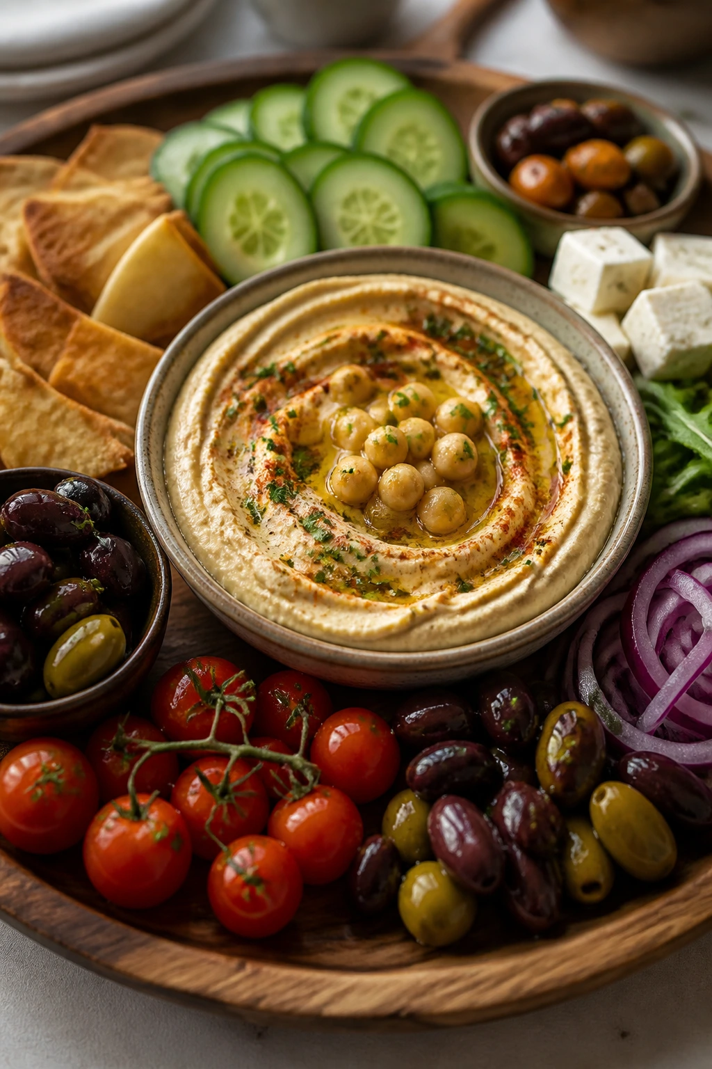Mezze board with hummus, cucumber, olives, feta and pita chips