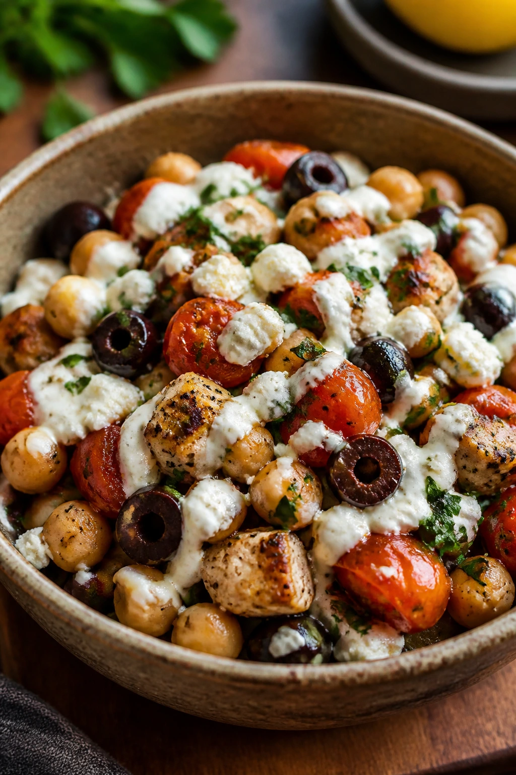 Mediterranean variant bowl with olives and feta on top