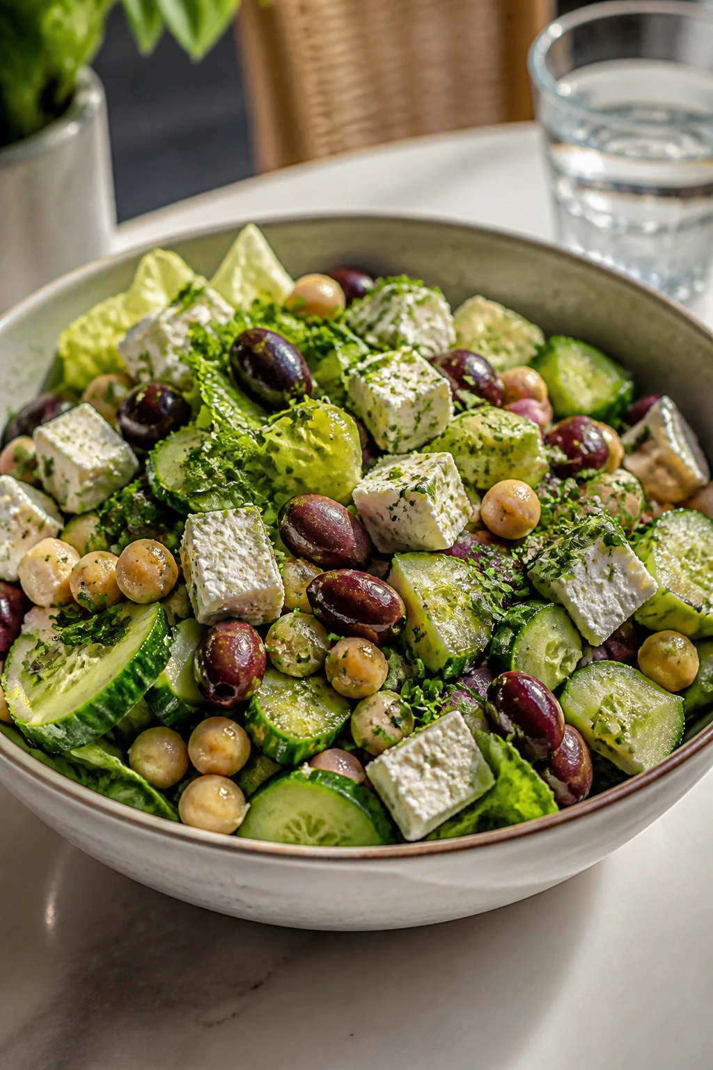 Salad bowl with olives, cucumber, feta, and parsley toppings showing variations