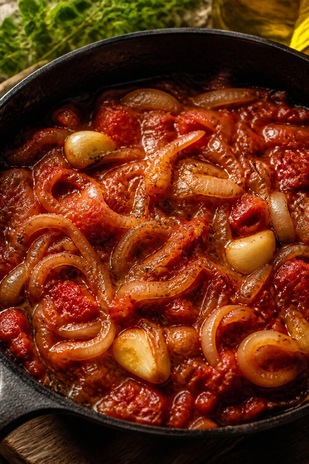 Close-up of caramelized onions and tomatoes in a rustic skillet with olive oil