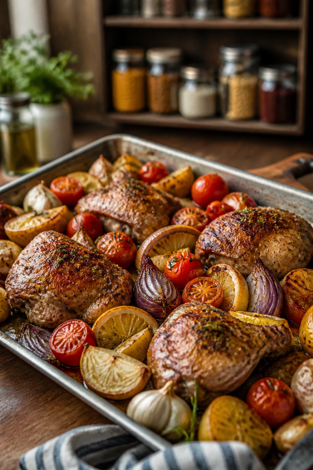Close-up of a sheet pan with lemon-garlic chicken and vegetables on a kitchen counter