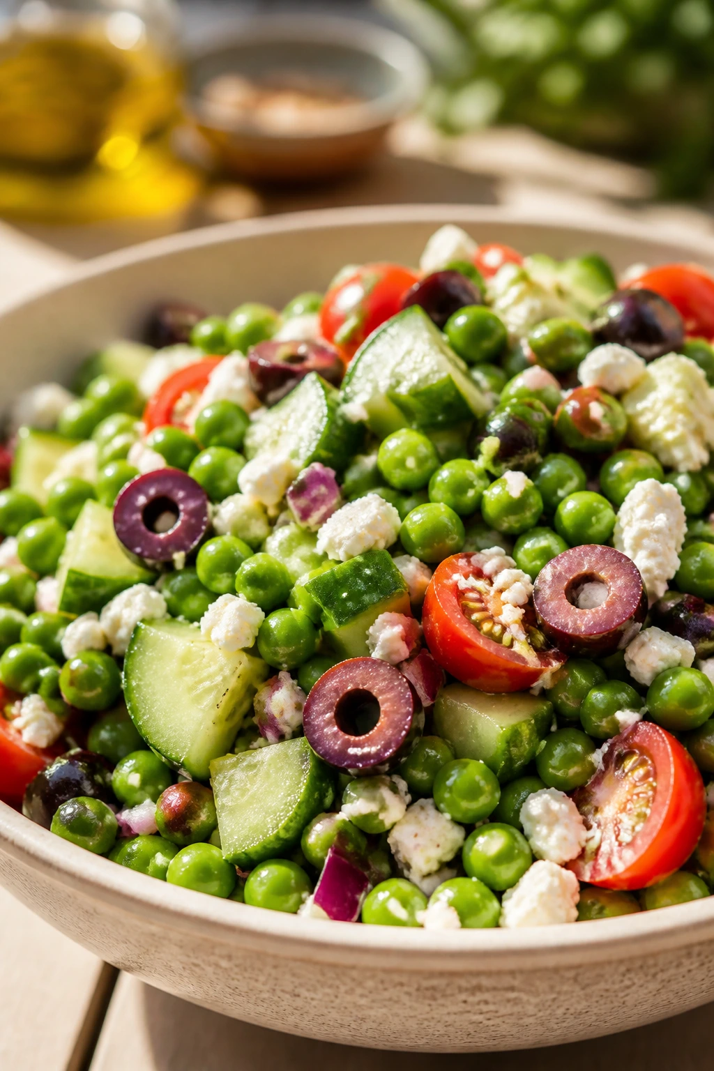 Close-up of Mediterranean Pea Salad with feta olives tomatoes cucumber