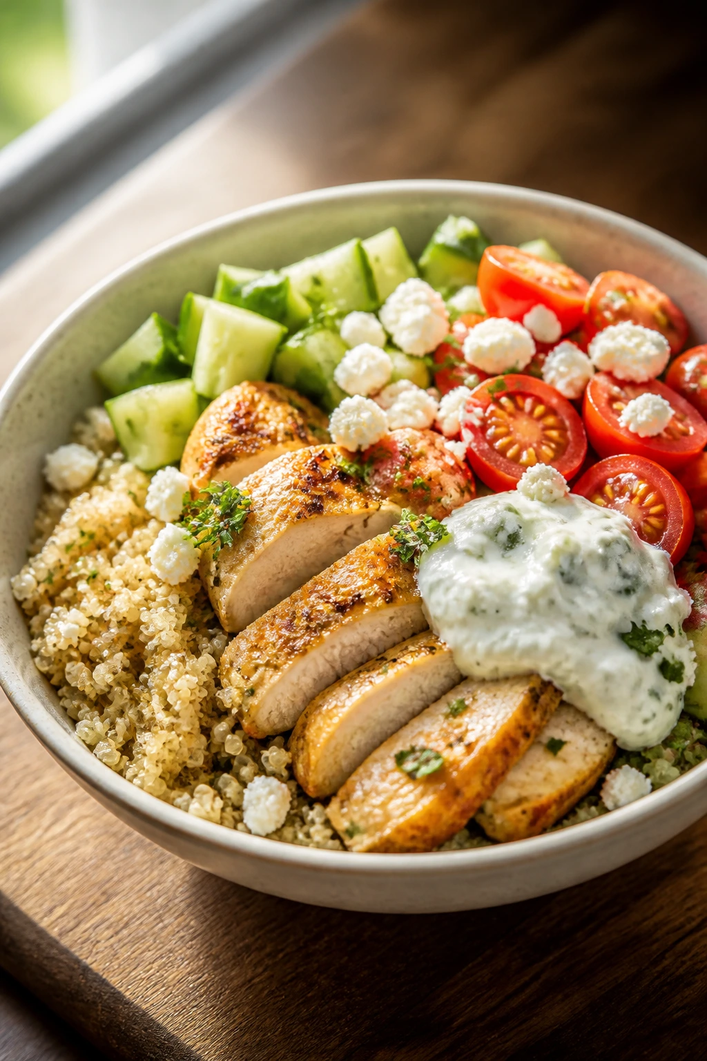 Mediterranean chicken quinoa bowl with cucumber and feta