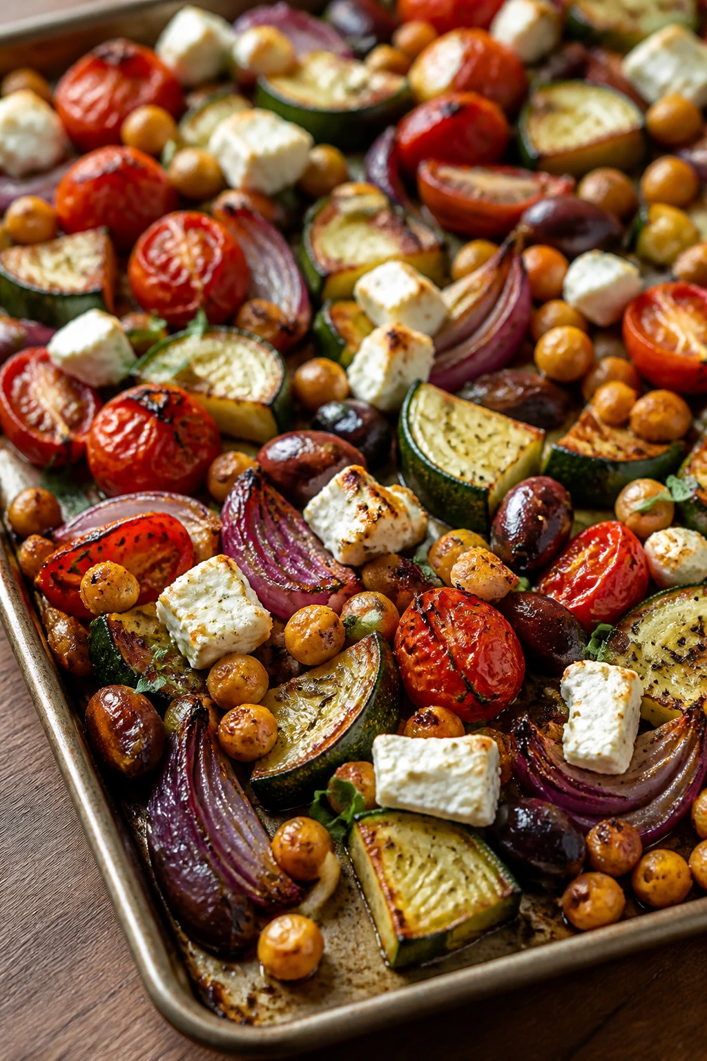 Mediterranean roasted vegetable tray with olives and feta