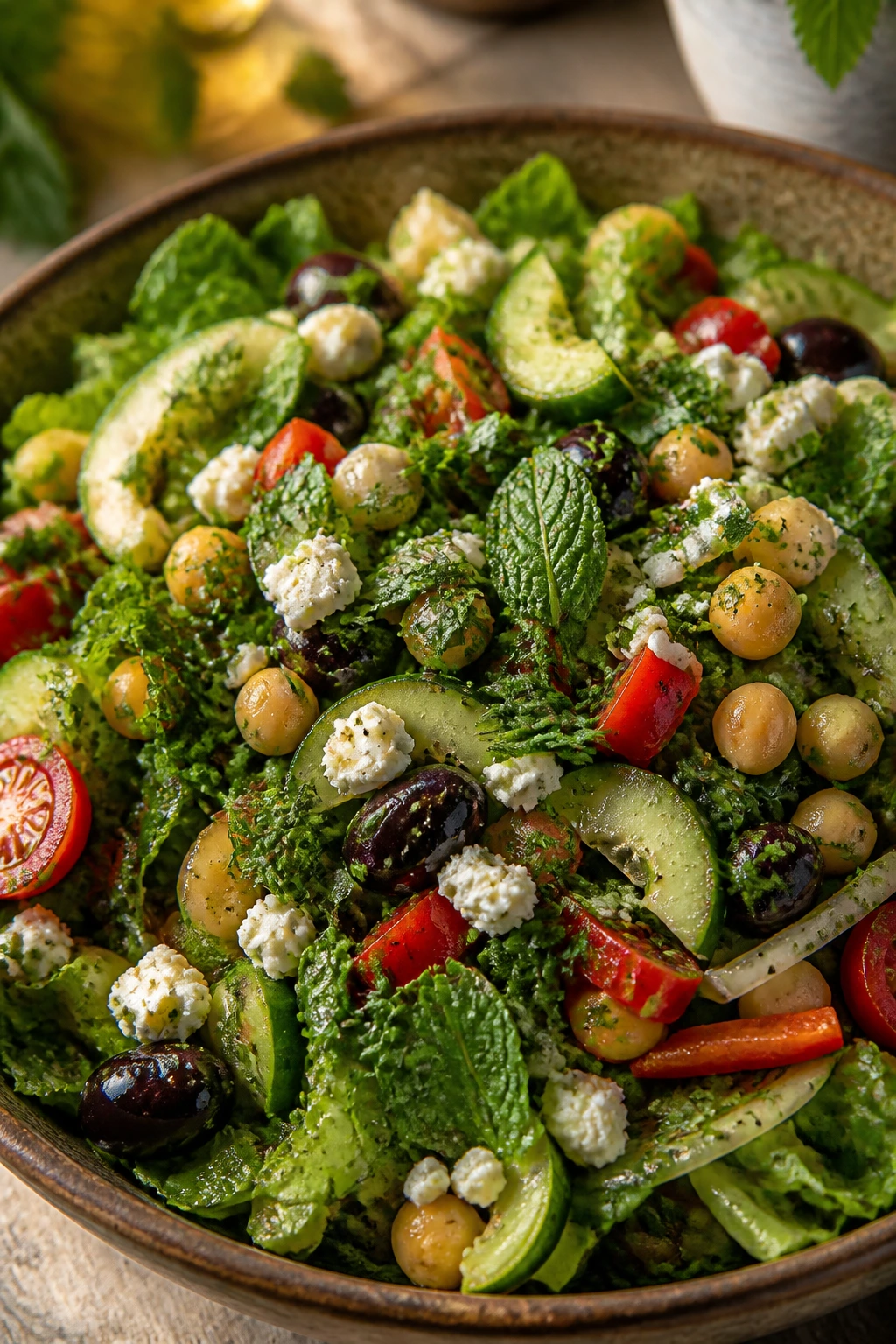 Close-up of a vibrant herb-forward Mediterranean salad in a bowl, showcasing parsley, dill, mint, basil with romaine and feta