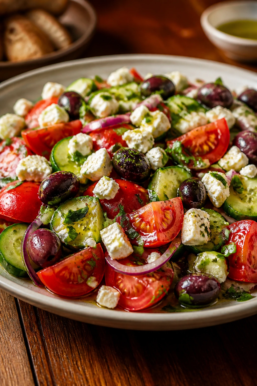 Family-style Mediterranean salad on a wide platter