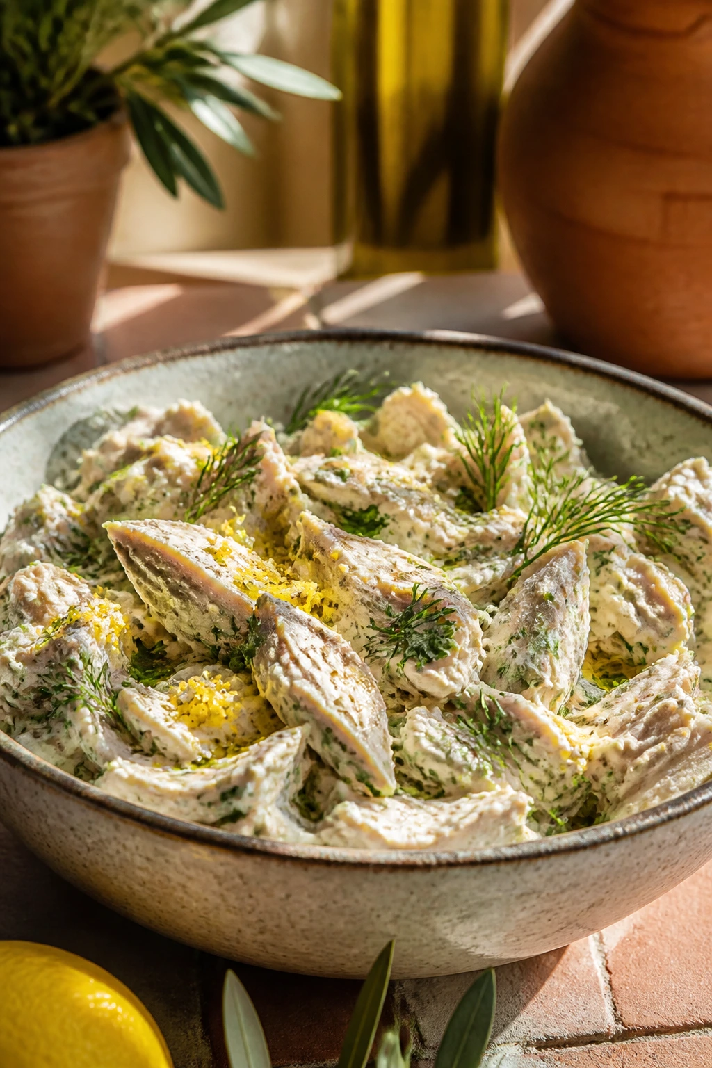 Salad bowl highlighting creamy yogurt dressing and Mediterranean herbs in a sunlit kitchen.