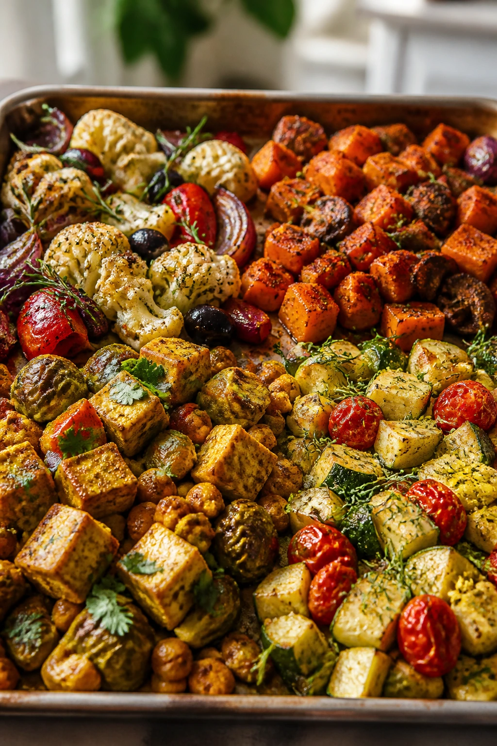 Vibrant roasted veg tray with flavor variations hinting at different regional profiles.