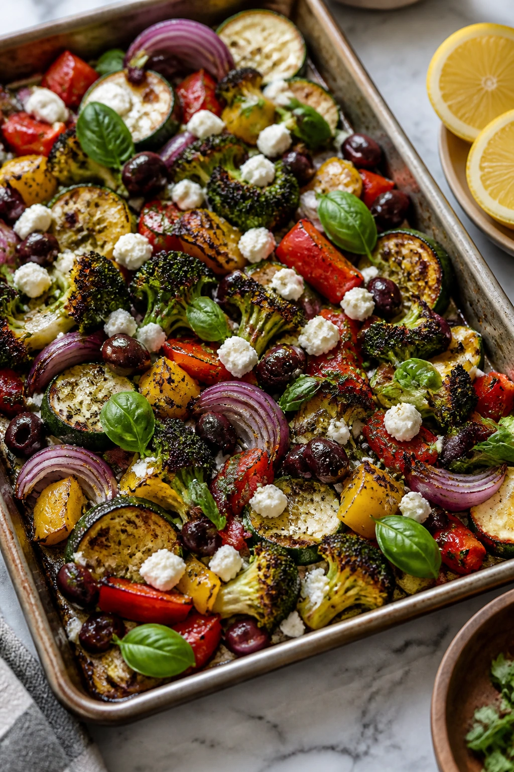 Mediterranean Market Tray with olives and feta on a roasting tray