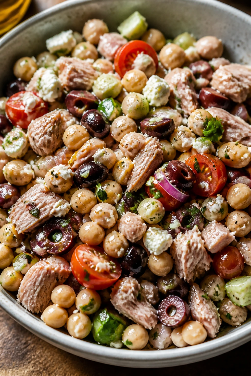 Tuna, chickpeas, olives, and feta in a Mediterranean-style salad