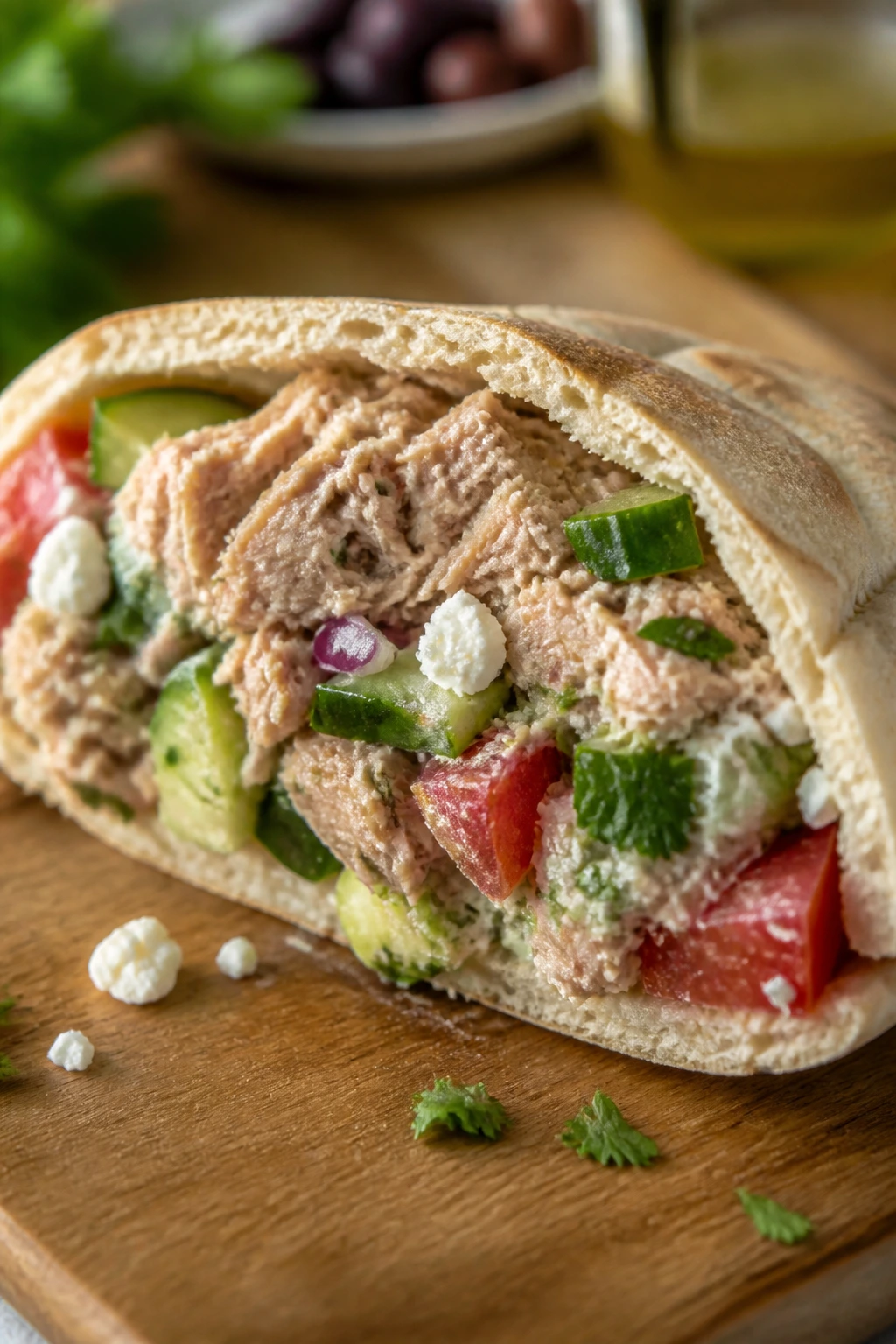 Tuna pita stuffed with cucumber, tomato, parsley, feta on wood
