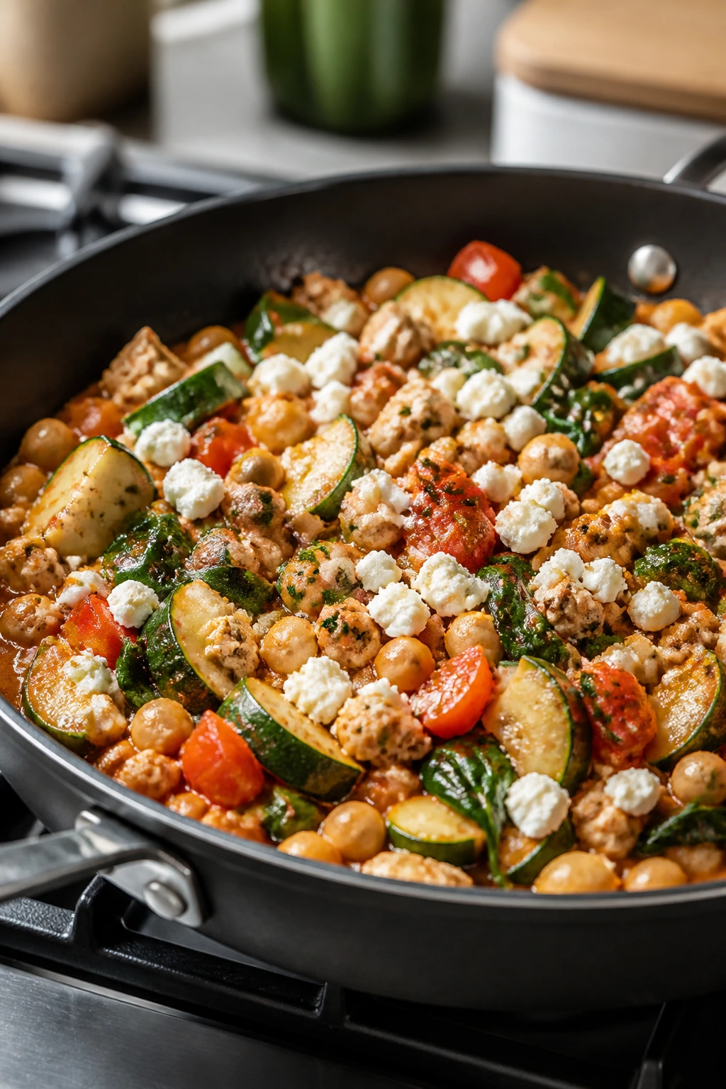 Colorful Mediterranean turkey skillet on a stove