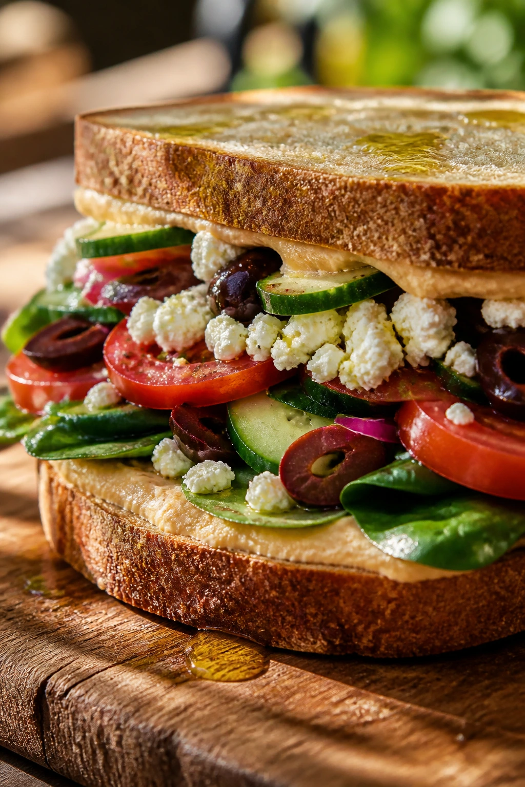 Close-up of Mediterranean veggie sandwich with feta and olives