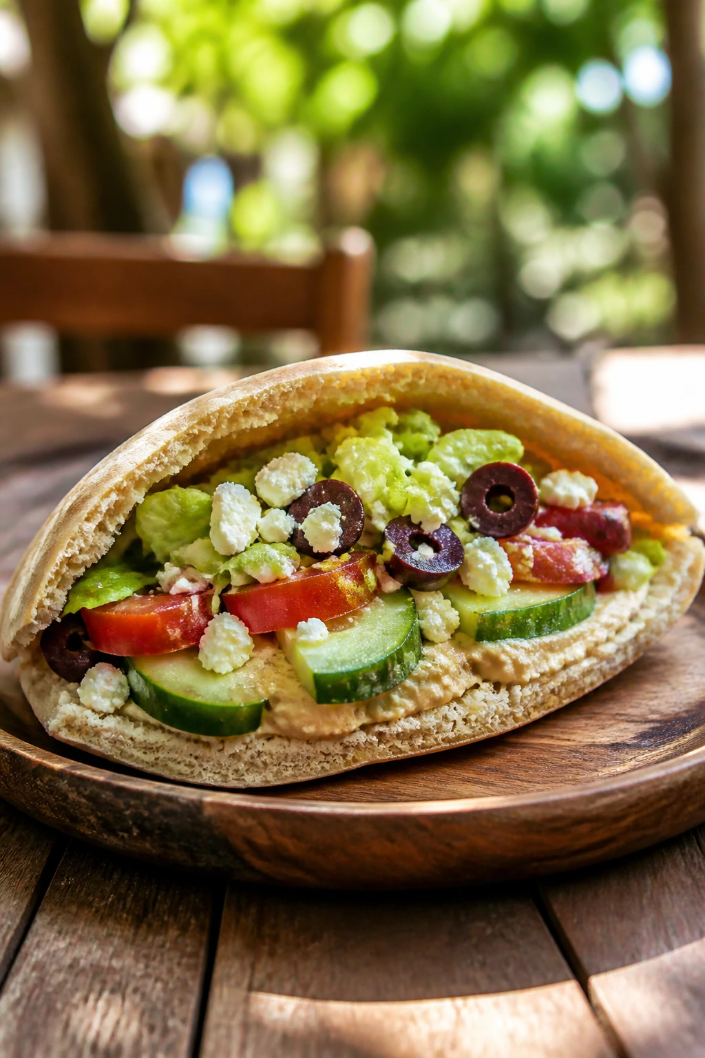 Close-up split pita pocket with hummus and veggies on an outdoor plate