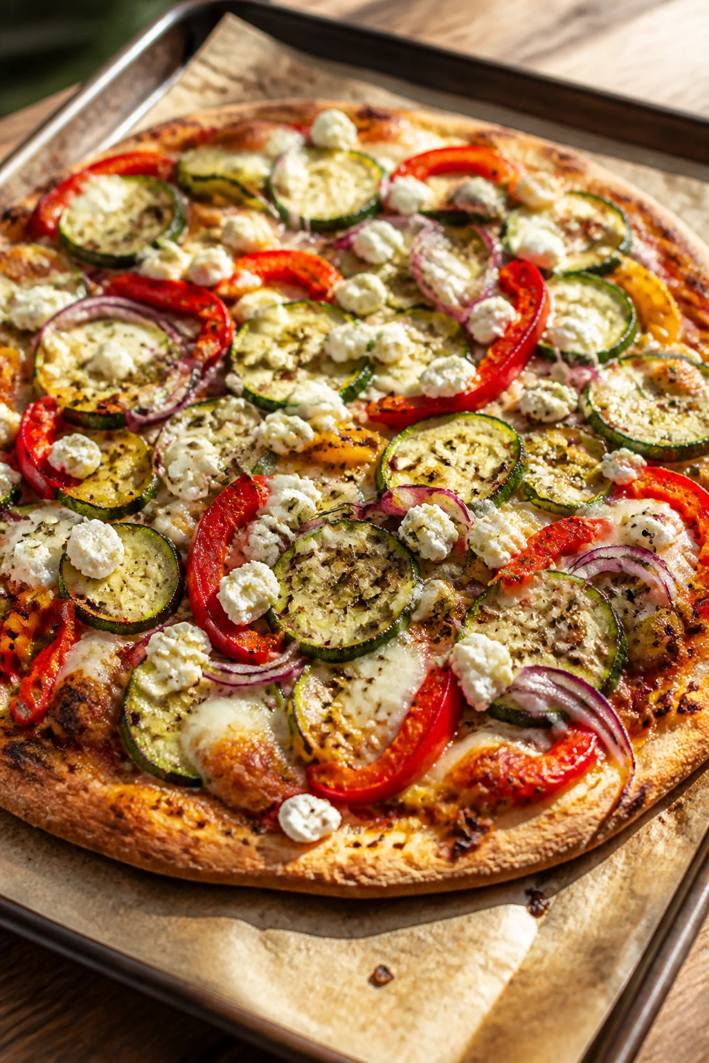 Close-up of Mediterranean Veggie Pizza with feta and vegetables