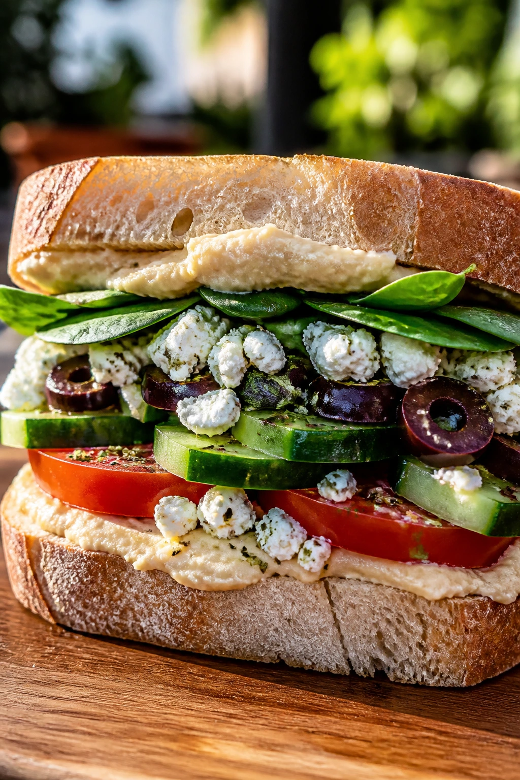 Close-up of Mediterranean veggie sandwich with hummus and feta
