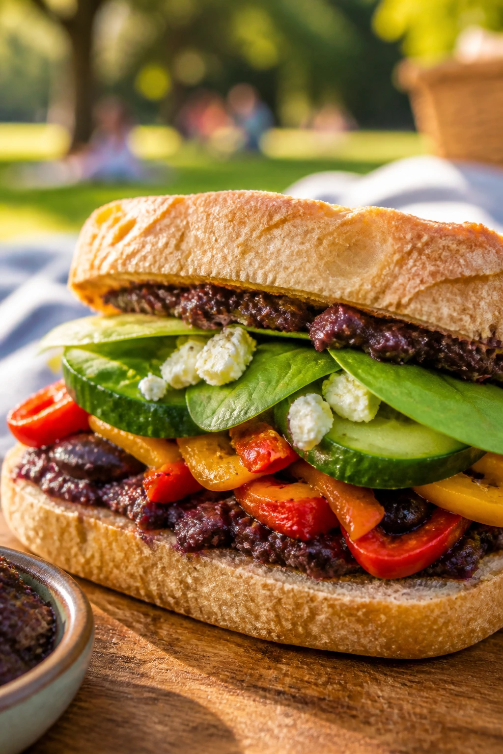 Close-up Mediterranean Veggie Sandwich with Tapenade on ciabatta